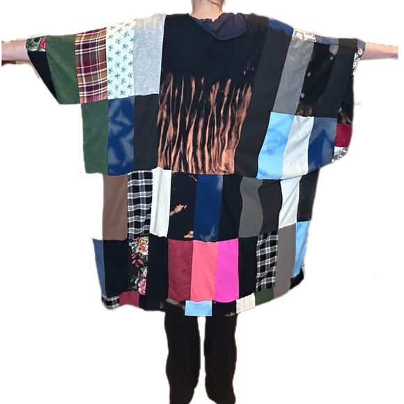 Patchwork bleached tunic dress handmade upcycle one size raw hem neckline - Picture 5 of 7